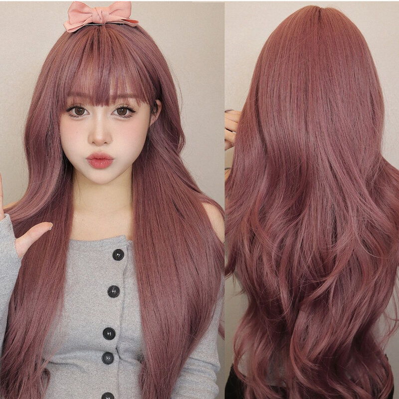 Long Purple  Women Long Wavy Fluffy Curly Heat Resistant Full Bang Girls Wig Purple Synthetic Hair for Party Cosplay Daily Use