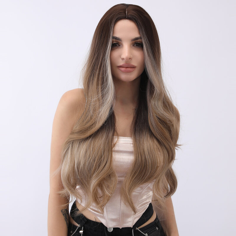Wig sintetik panjang rambut keriting berombak badan pirang kilau tinggi coklat hitam untuk wanita Wig tahan panas rambut alami harian Cosplay