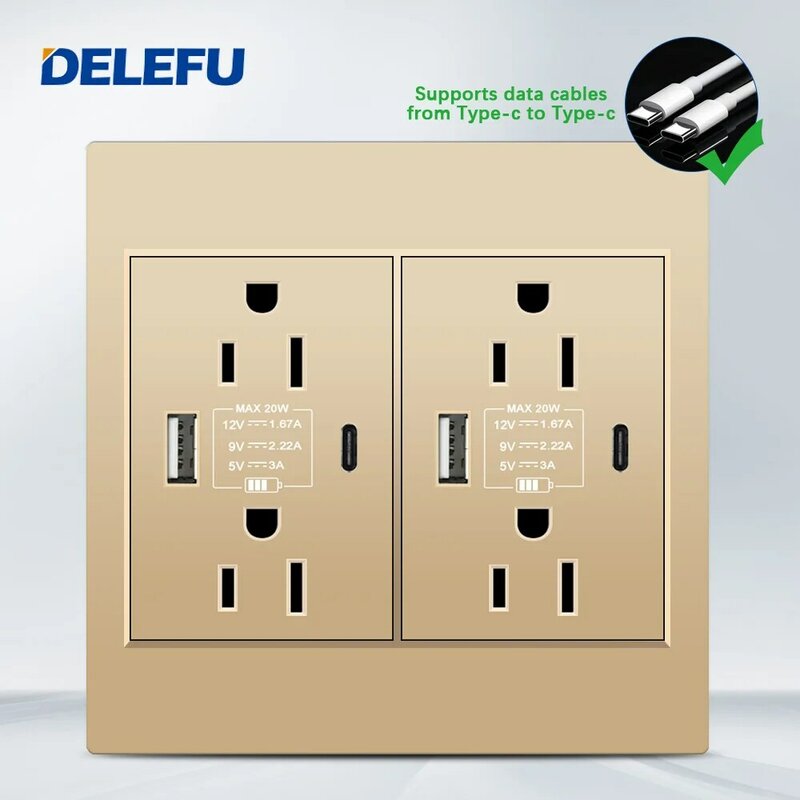 DELEFU golden Flame retardant 4*4PC panel Mexican Standard Type C US Wall Socket light switch for fast charging