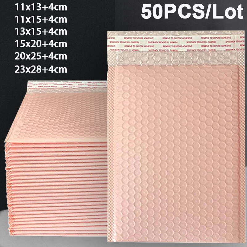 핑크 폴리 버블 메일러 패딩 봉투, 버블 라인 랩 폴리머 메일러 백, 배송 포장 우편물 자체 밀봉, 18x23cm, 50 개