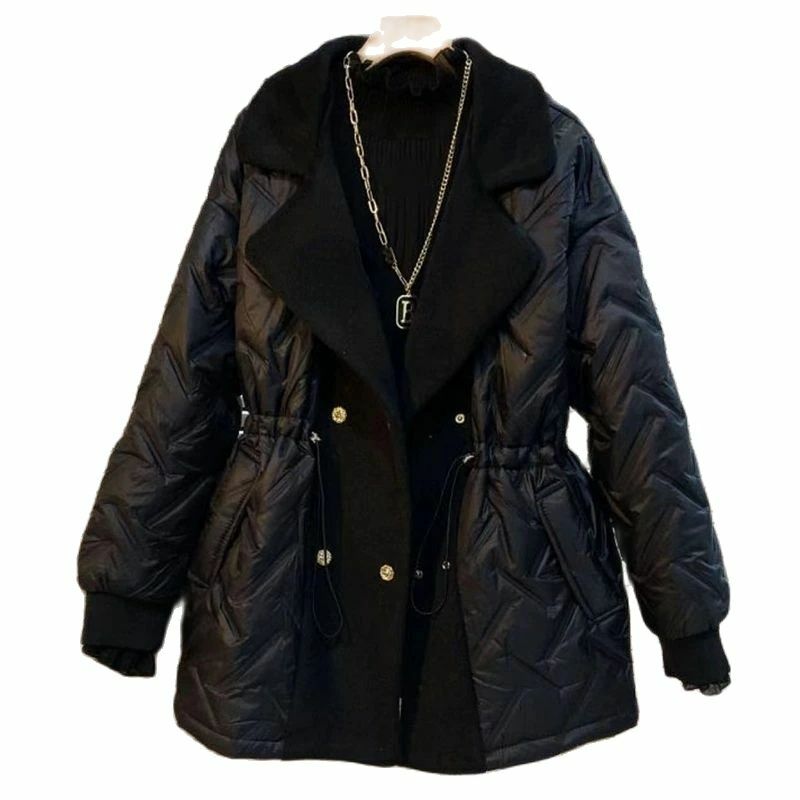 Женская Длинная зимняя парка, пуховая хлопковая куртка с большими лацканами и эластичным поясом, модная теплая водонепроницаемая куртка в стиле пэчворк