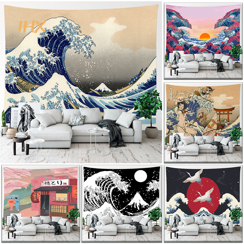 Mont Fuji tapisserie Kawaii chambre décor tenture murale tapisserie japon Kanagawa grande vague chambre dortoir esthétique décor à la maison tapisserie