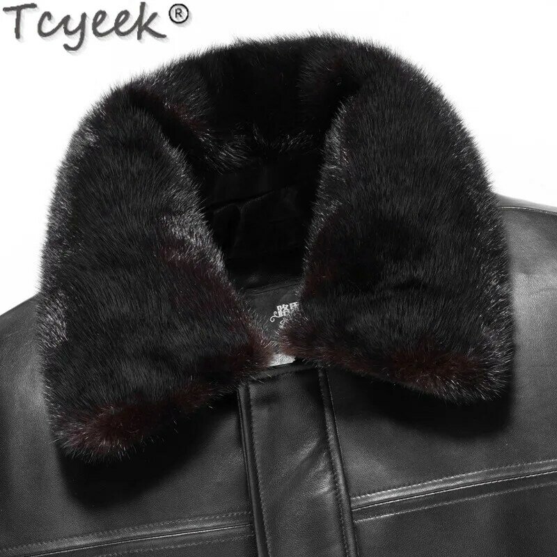 Tcyeek Winter Warm Mink Fur Collar Fashion Casual Genuine Leather Jacket Men Clothing Thick Golden Sable Liner Coat Male Hombre