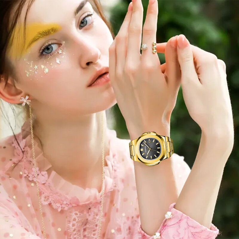 LIGE jam tangan wanita modis warna emas, jam tangan gelang baja kreatif tahan air untuk wanita