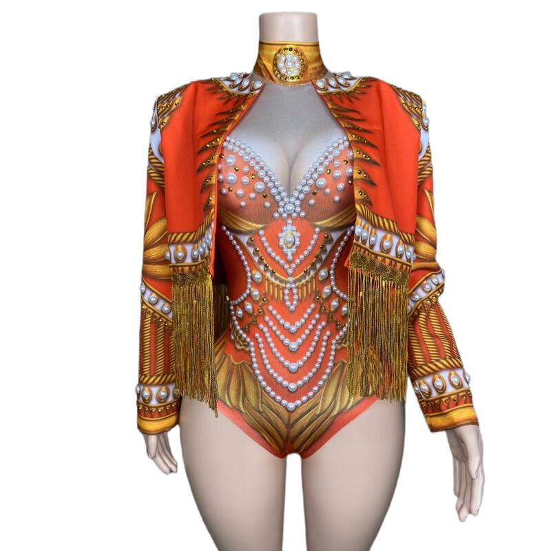Women Vintage Palace Bodysuit Fringed Coat Party Festival Rave Outfit Halloween Cosplay Nightclub Dj Ds Gogo Costume Guoqing