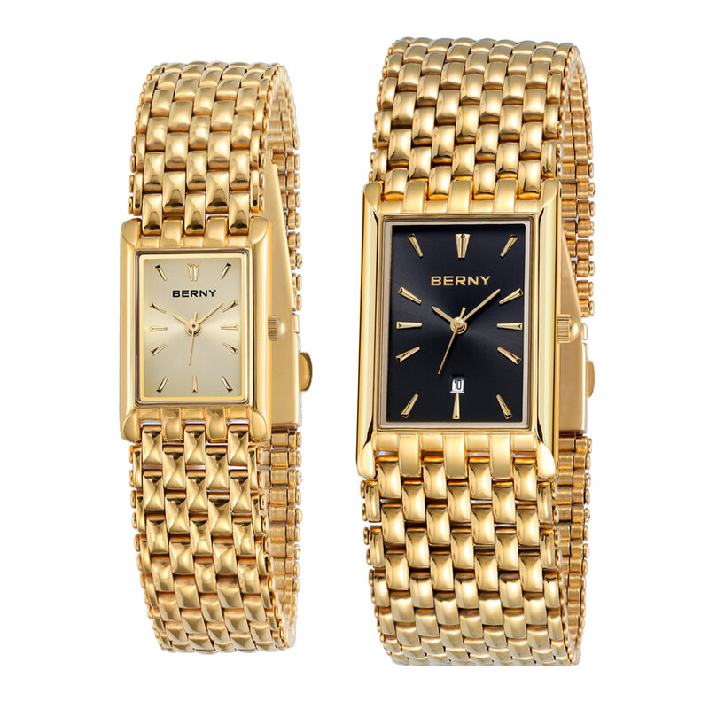 BERNY-Montre en or pour couple, montre-bracelet de luxe pour femme et homme, horloge dorée étanche, quartz, acier inoxydable, mode homme et femme