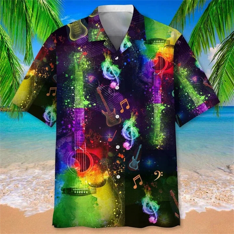 Kemeja Hawaii untuk pria, kemeja musik cetak gitar JAZZ Hip Hop pakaian pria lengan pendek pantai Ahloa blus Camisa Masculina 4XL