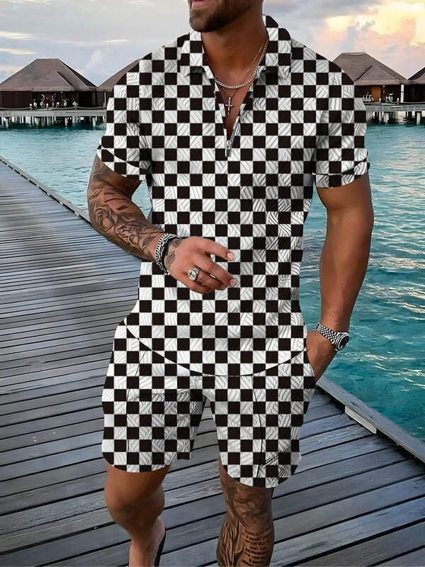 Camisas polo com estampa 3D vintage masculina, conjuntos de polo lapela com zíper, gola e shorts, roupas casuais masculinas, estilo feriado havaiano, 2 peças