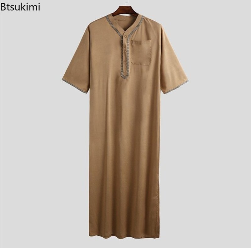 2024 Muslim Fashion pria jubah panjang padat longgar kancing Kimono pria Jubba Thobe Arab Saudi Kaftan kemeja pria pakaian Islami Abaya