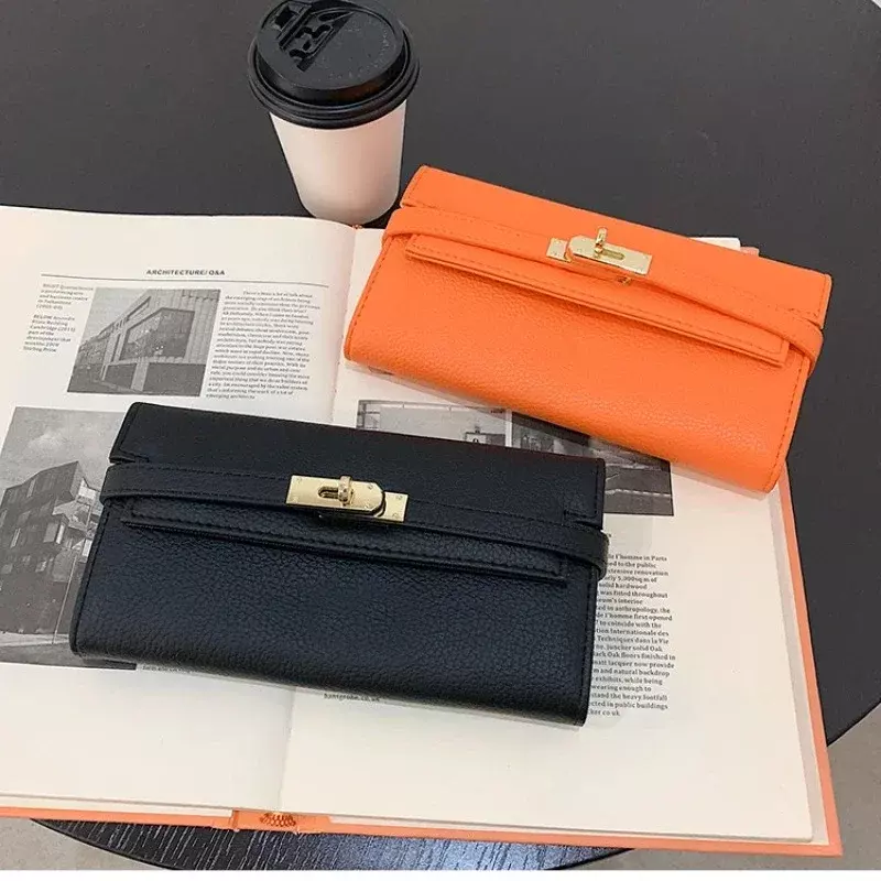 2024 Fashion Women's Wallet with Lychee Pattern and Lock Buckle Long Wallet Luxury Cowhide Solid Color Card Holder Coin Purse