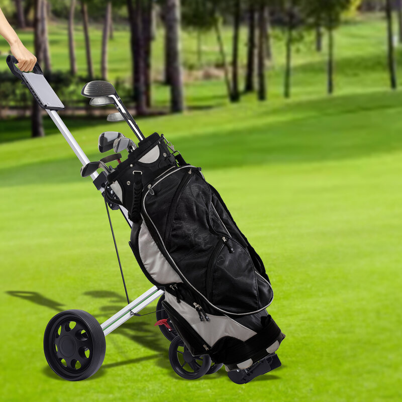 Draagbare Duw Pull Golfkar Lichtgewicht Multi-Functionele 3 Wielen Opvouwbare Golf Duwkar Met Voetrem Voor Golfbanen