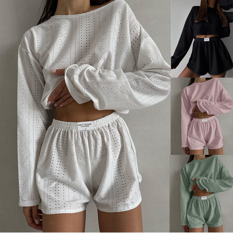 Conjunto pijama de manga comprida feminino, tops de primavera, shorts, pijamas soltos, gola redonda, roupa de casa, loungewear, 2 peças
