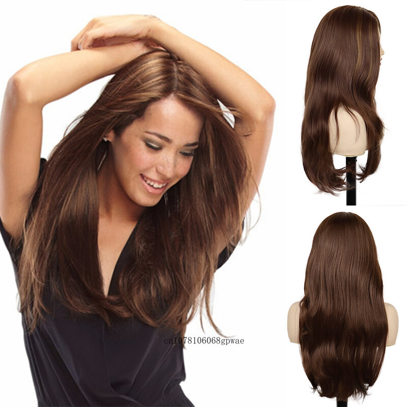 Wig coklat panjang rambut sintetis Wig sutra tepat untuk wanita penampilan alami wanita tahan panas penggunaan pesta kostum Cosplay harian