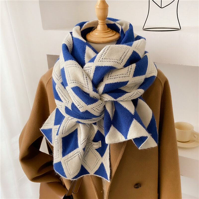 Bufanda de punto a cuadros para mujer, Bufanda de hilo de lana suave, gruesa y elástica, de estilo coreano, cálida, de invierno