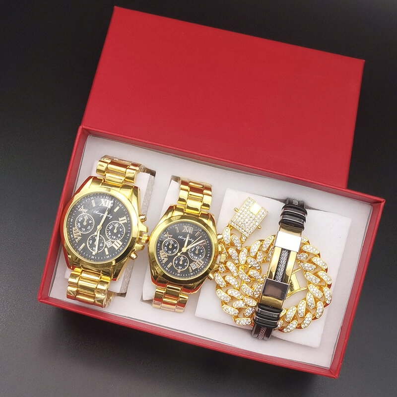 Ensemble de montres à quartz de luxe pour hommes et femmes, acier, amoureux, mode, calendrier, couple, bracelets, cadeau pour amoureux, 4 pièces