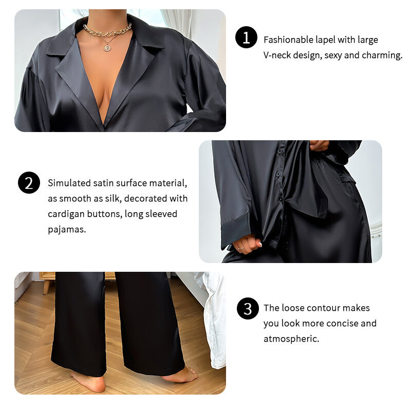 Womens 2 Piece Silk Satin Pajamas Long Sleeve Deep V-neck Lounge Sets Button Down Shirts And Pants Pj Fashion Oversized Outfits