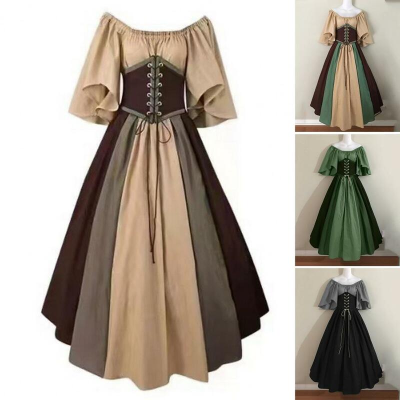 Traje renascentista medieval feminino, vestido maxi vintage, cor contrastante, design de linha A para cosplay, festa de Halloween, impressionante