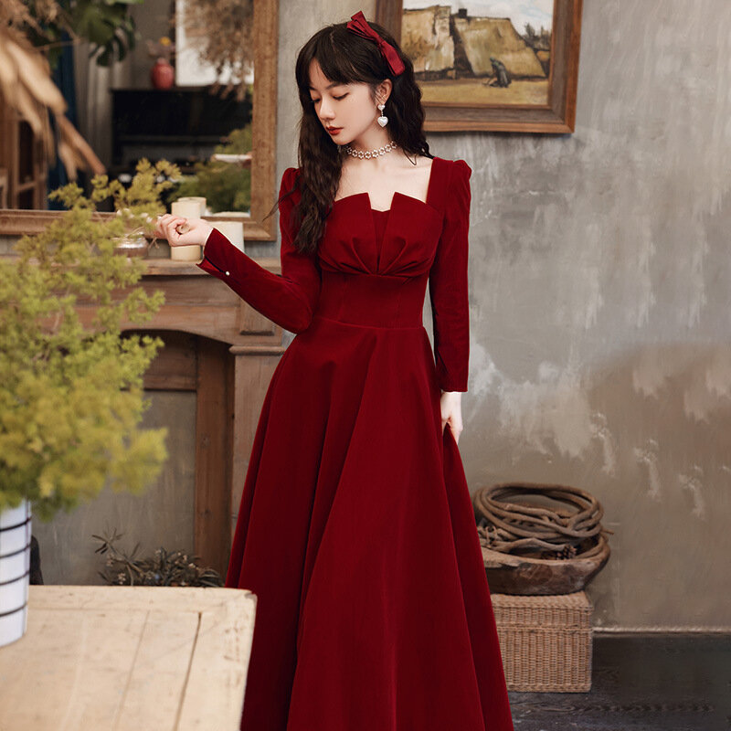 Saia com colarinho quadrado manga comprida, elegante vestido de escritório, vinho vermelho, festa formal, casamento, dama de honra, outono, 2022