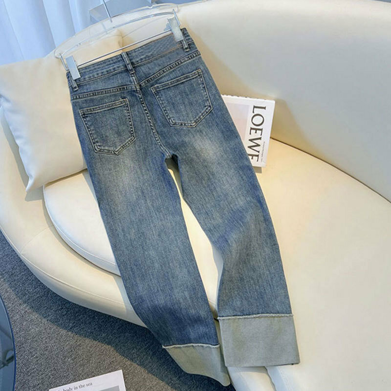 2024 Spring Autumn Women's Jeans High Waist Slim Fit Flipped Panel Elastic 9-point Pipe Pants Female Denim Straight Trousers