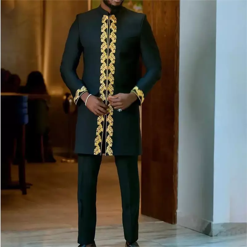 Kaunda-Ensemble de smoking de luxe pour hommes, tenues trempées, haut à poches, pantalon, ethnique africain, mariage, gentleman, 2 pièces, 2024