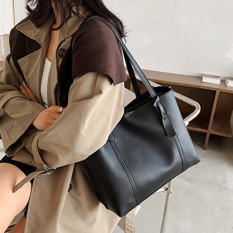 Grande capacidade feminina tote bags casual cor sólida bolsas coreano ins moda bolsa de ombro feminino senhoras meninas sacos de couro do plutônio