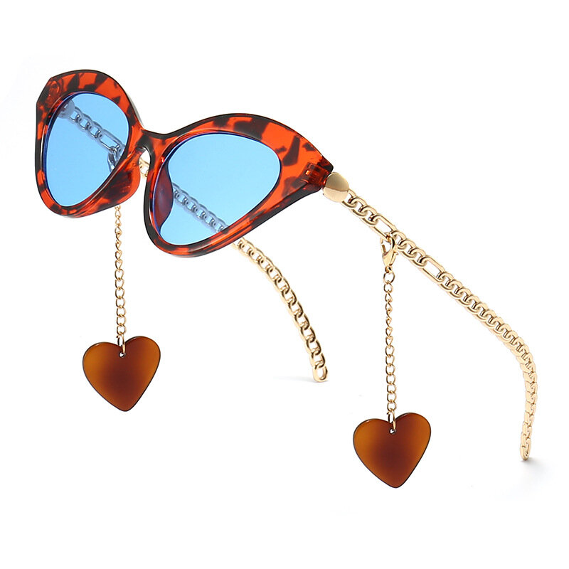 Gafas De Sol Retro con forma De ojo De gato para mujer, anteojos De Sol con cadenas De Metal, patas y colgante De amor, decoración UV400