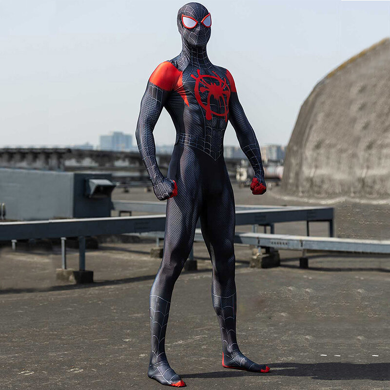 Miles Morales Spiderman หน้ากาก Spider Man Miles Morales Cosplay Jumpsuit Bodysuit เครื่องแต่งกายฮาโลวีนสำหรับ Aldult เด็ก