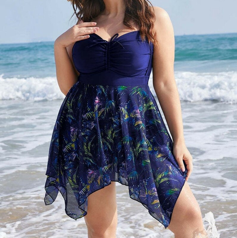 Maiô feminino impresso de uma peça, roupa de banho com controle de barriga, vestido plus size, elegante moda praia, saia para cobrir trajes de banho