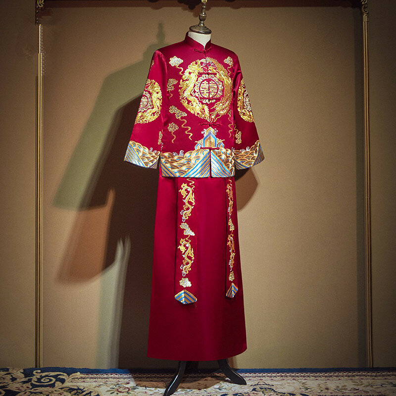 Männer Royal Hochzeit Bräutigam Klassische Drachen Stickerei Kostüm Chinesischen Stil Lange Robe Bühne Leistung Toast Kleidung