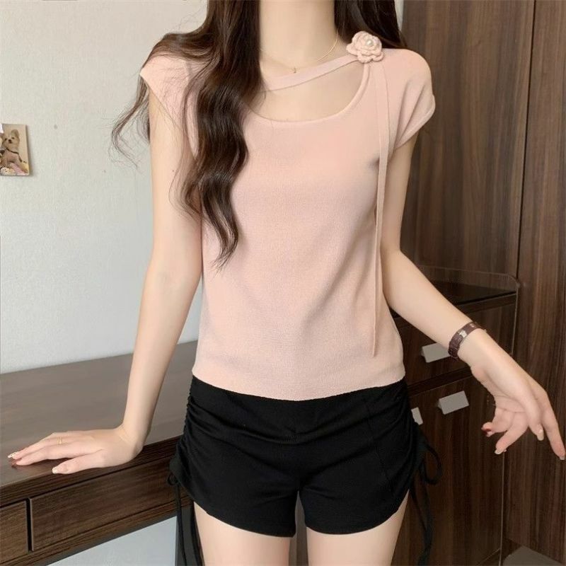 2024 New Summer Sweet Office Lady Loose Casual T-shirts for Women Decorations Solid Color The Square Collar Short Sleeve Tops