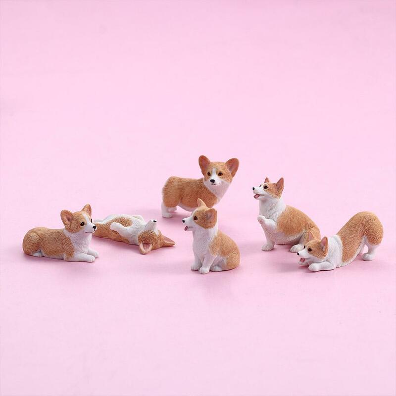 Miniature Figurines Model Mini Animal Corgi Simulation Dog Resin Figures for Kids Home Decor Accessories Kid's Gift Car Ornament