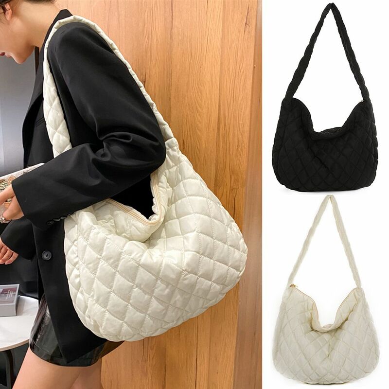 Women Large Capacity Plaid Shoulder Bag Tote Bag Winter Warm Lightweight Cotton Padded Bag Fashion Underarm Bags Puffy Handbag