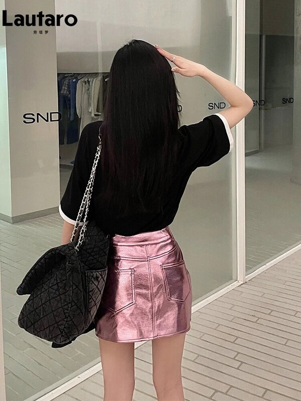 Lautaro-minifaldas reflectantes de charol brillante para mujer, ropa de cintura alta, línea A, corta, Sexy, Y2K, color rosa y plateado, verano y otoño