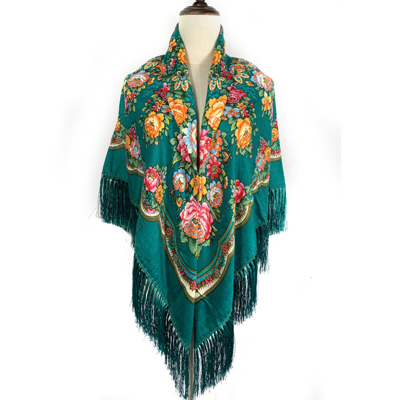 Bufanda cuadrada rusa para mujer, chal de algodón con borla larga de estilo nacional, estampado grande, 135x135cm