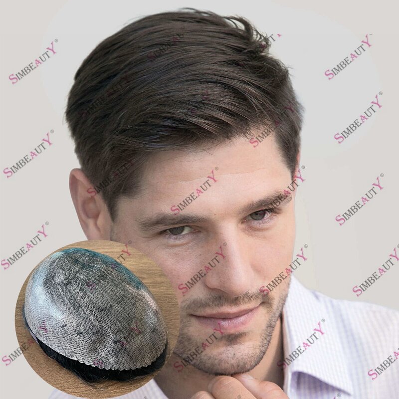 Peluca de tupé marrón para hombres, reemplazo de cabello humano Natural, sistema de piel completa duradero, prótesis capilar de micropiel