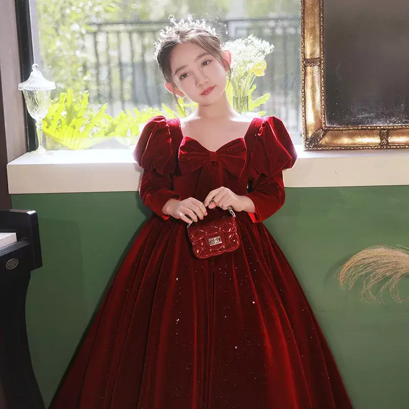 2024 Prom Elegant Dress for Girls Children Red Velvet Long Evening Dresses Kid Luxury Flower Clothes Ball Gown Teens Partywear
