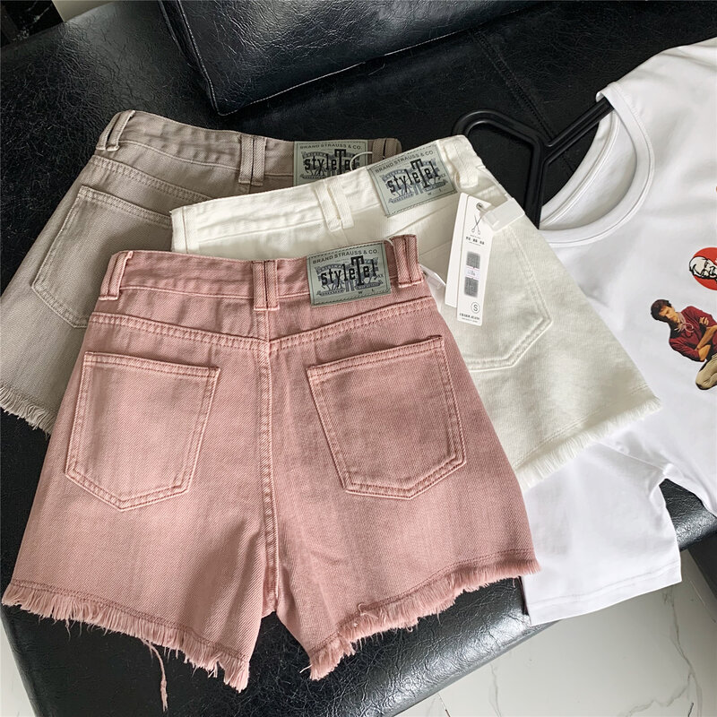 Shorts jeans de corte retrô feminino, cintura alta rosa, reto de verão, sujo
