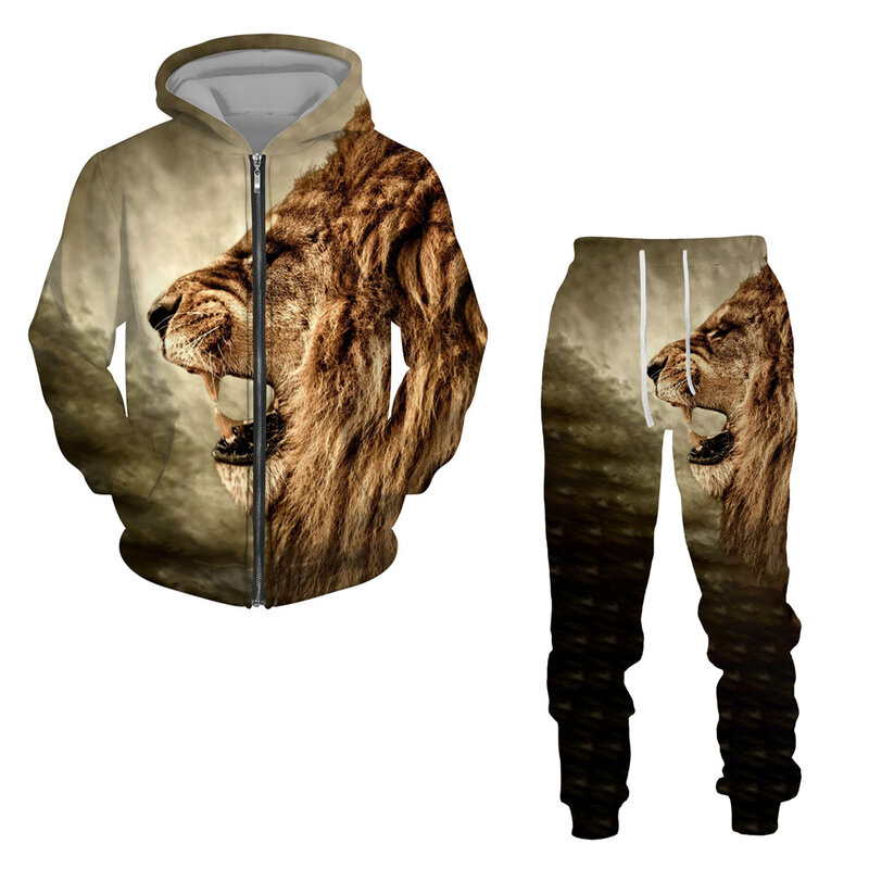 Костюм спортивный мужской с 3D-принтом льва, свитшот на молнии, Повседневная Толстовка с капюшоном и штаны, модная одежда в стиле оверсайз, 2 предмета
