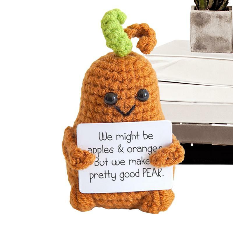 Positive Knitted Dolls Pear Emotional Support Crochet Doll With Positive Card Mini Funny Positive Pear Hand Woven