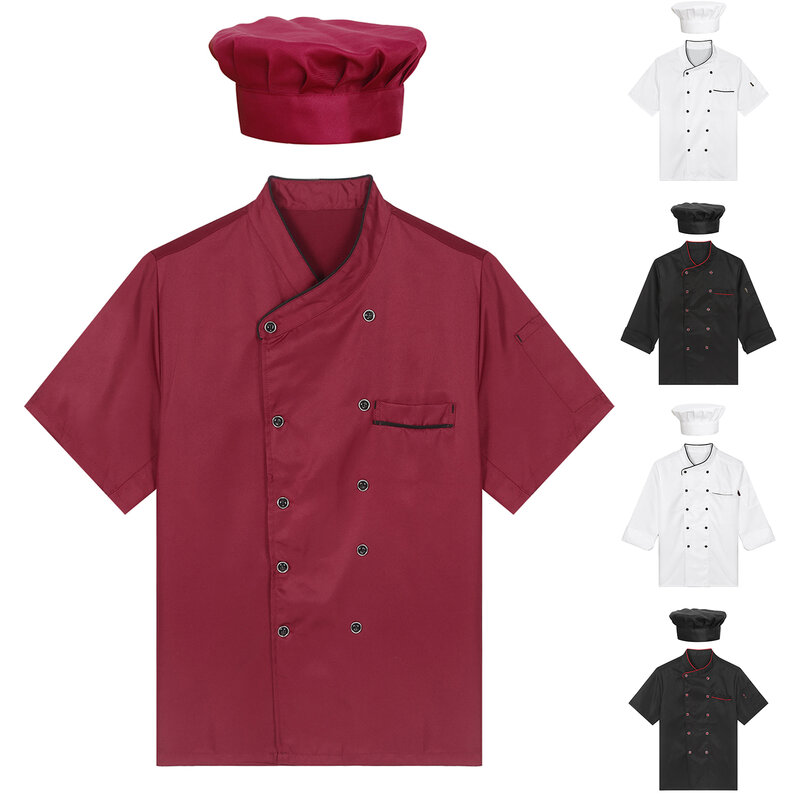 Manteau de chef unisexe pour hommes et femmes, uniforme de travail de cuisine, veste de cuisinier à double boutonnage avec chapeau pour cantine, restaurant, hôtel, è