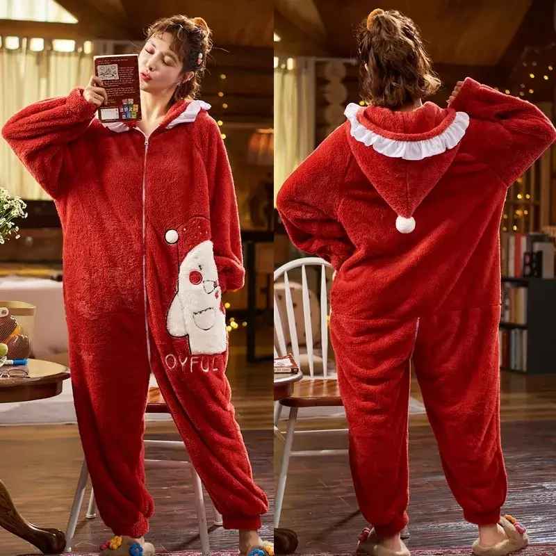 Pijama de lana de coral siamesa para mujer, ropa de dormir gruesa de Santa, dibujos animados, servicio a domicilio, 9911-8, Otoño e Invierno
