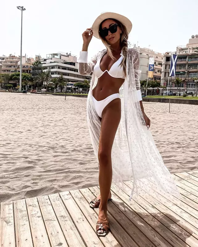 2024 grembiule da spiaggia a pois da donna Sexy con risvolto a maniche lunghe in rete prospettiva Cover Up per la vita quotidiana e il vestito da spiaggia per le vacanze
