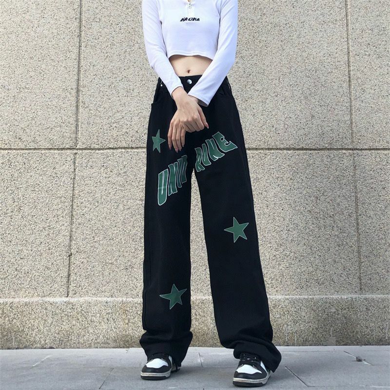 MARM-Nuevos pantalones vaqueros americanos para mujer, pantalón informal de pierna ancha, pierna recta, cintura alta, estampado de letras estrella y2k