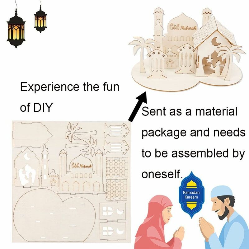 手作りの3D木製城の装飾品、取り外し可能なラマダンのテーブルの装飾品、eid mubarak、DIYクラフト