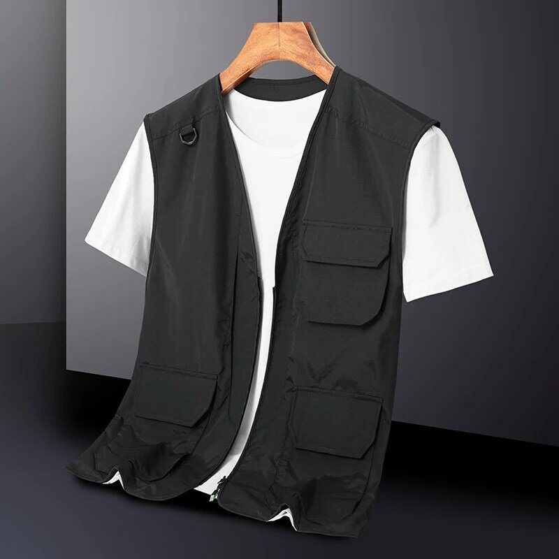 Mesh Quick Drying Vest 2024 Summer Men's Solid Color Multi Pocket Tactical V-neck Cargo Jacket Casual Breathable Men's Tank Top