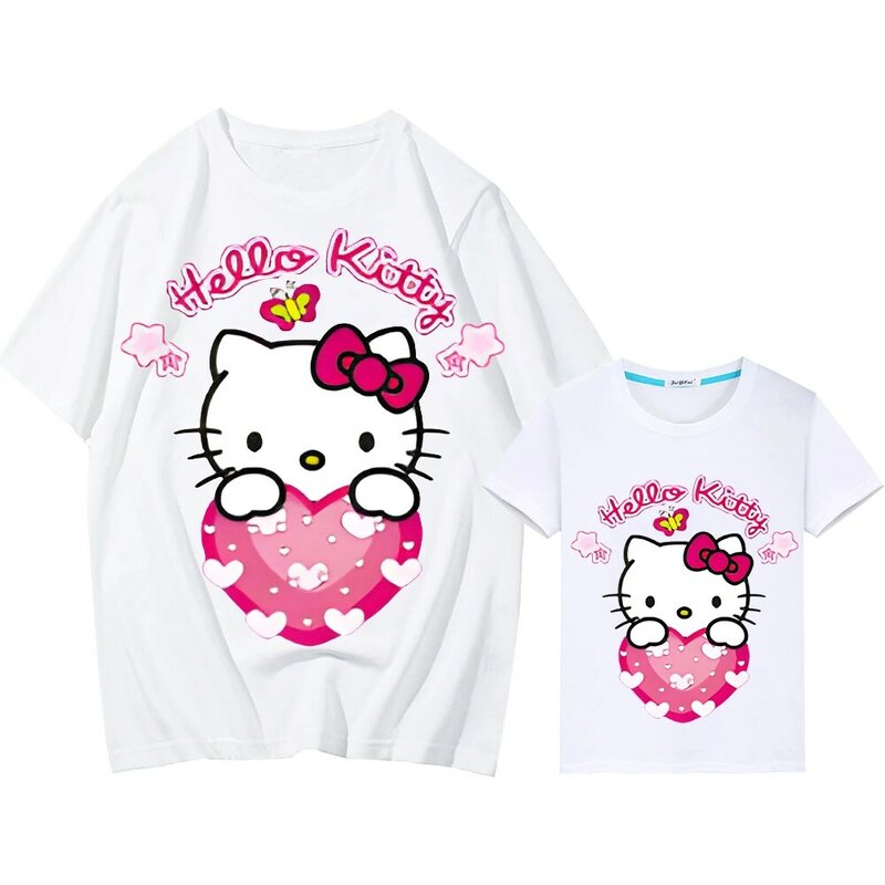 Camiseta estampada para meninos e meninas, tops bonitos para crianças, roupas de verão, 100% algodão, Hello Kitty, mamãe e filha, roupas combinando, anime curto Y2K, presente