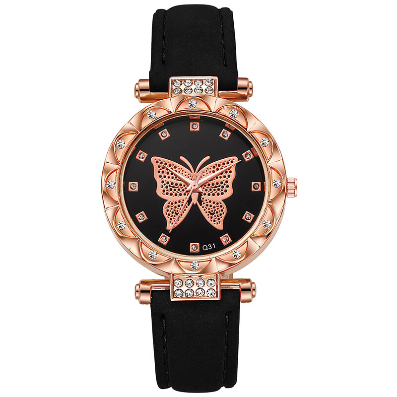นาฬิกาผู้หญิงติดพลอยเทียมรูปผีเสื้อนาฬิกาหนังสารขัดถูดีไซน์ใหม่การค้าต่างประเทศ