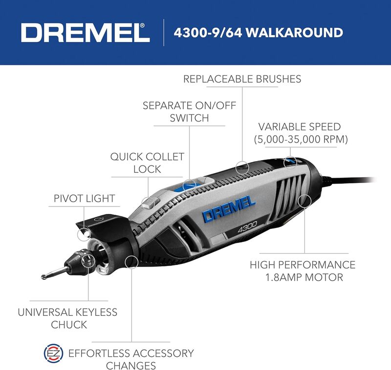 Универсальный комплект инструментов Dremel 4300-9/64 с проводом и гибким валом и жесткой планкой хранения, высокая мощность и производительность