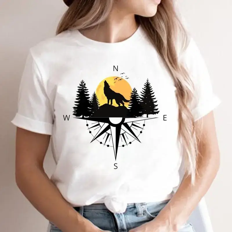 T-shirt manches courtes femme, estival et à la mode, avec image de dessin animé, rivière, montagne, tendance des années 90