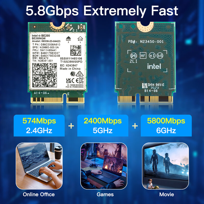 WiFi 7 untuk kartu jaringan Intel BE200 Bluetooth 5.4, adaptor nirkabel lebih baik dari Wifi 6E 2.4/5/6GHz 8774Mbps BE200NGW M.2